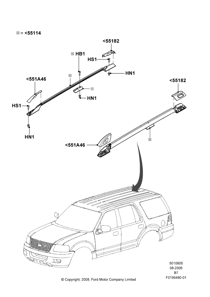 05D - Roof Rack Systems, Roof Rack Without Crossbars, With Chrome Roof Rack W/O Crossbars, Production Installed; 02/AUG/2006-29/JUN/2009