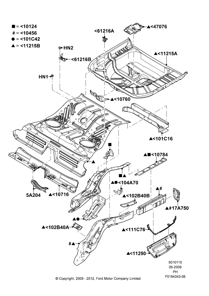 15A - Floor Pan - Center and Rear, Limited Version, SE Version, SEL Version, SHO; 15/JUN/2009-01/MAR/2019