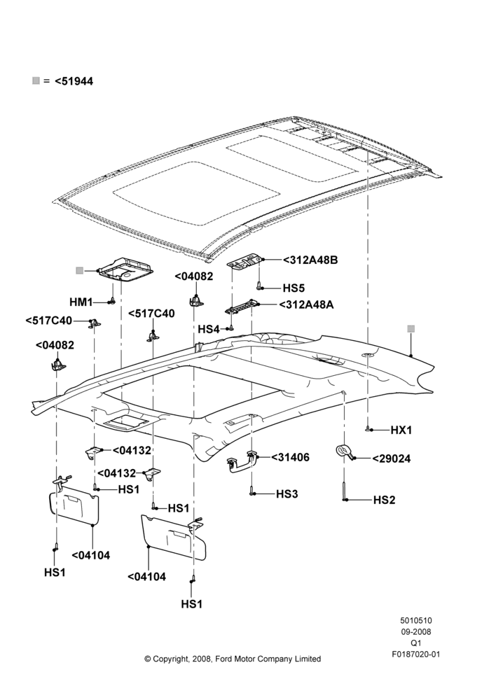 10F - Headlining and Sun Visors, Ford Series, With High Series Open Air Roof; 18/SEP/2008-22/JAN/2010