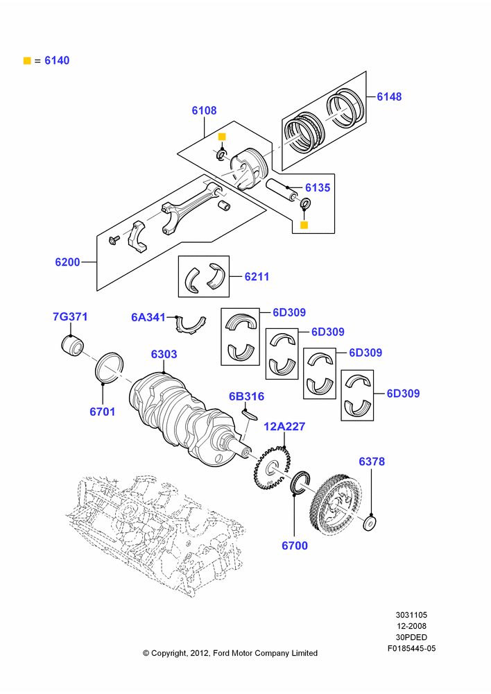 05F - Crankshaft/Pistons and Bearings, 3.0L 4V OHC V6 Duratec 230HP; 04/FEB/2009-29/JUL/2012