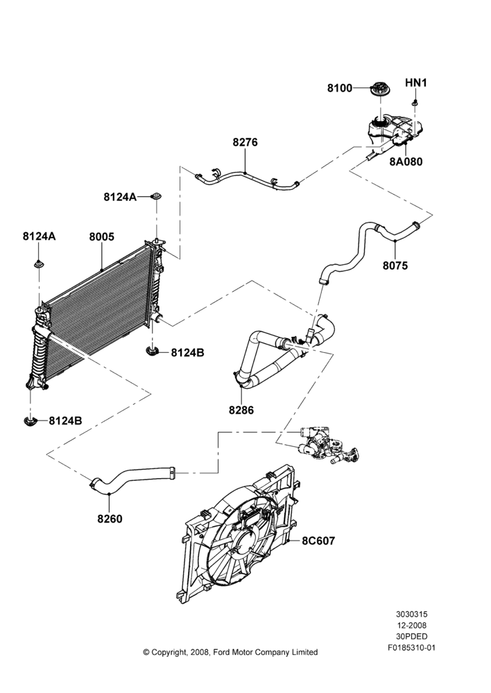15E - Radiator/Coolant Overflow Container, 3.0L 4V OHC V6 Duratec 230HP; 04/FEB/2009-29/JUL/2012