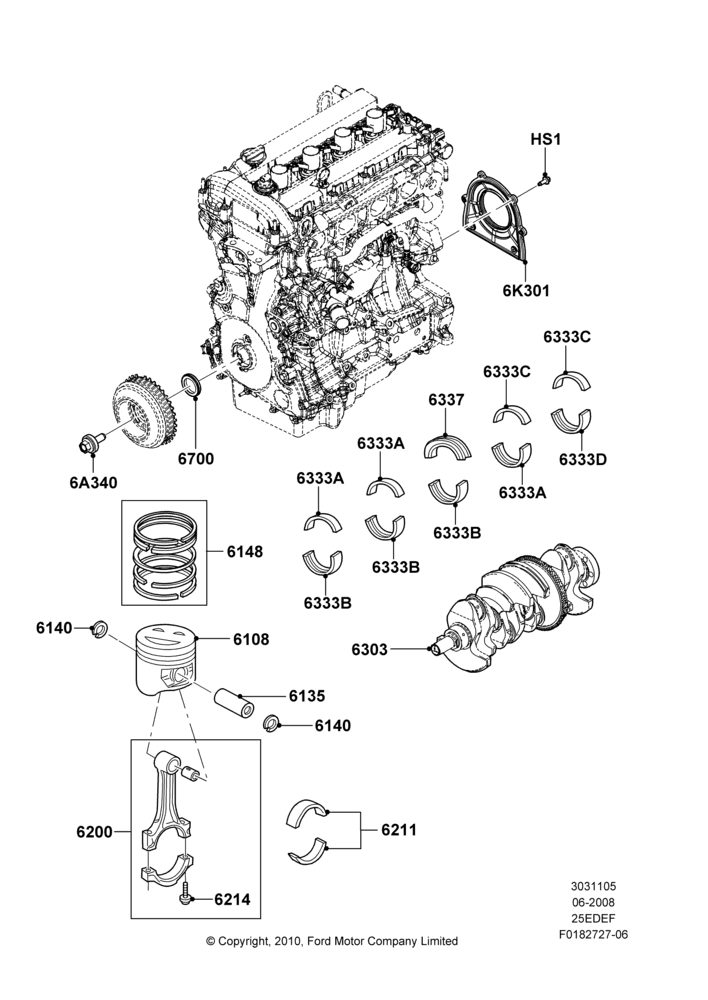 05A - Crankshaft/Pistons and Bearings, 2.5L 4v PFI I4 Gas/Electric; 23/JUN/2008-29/APR/2012