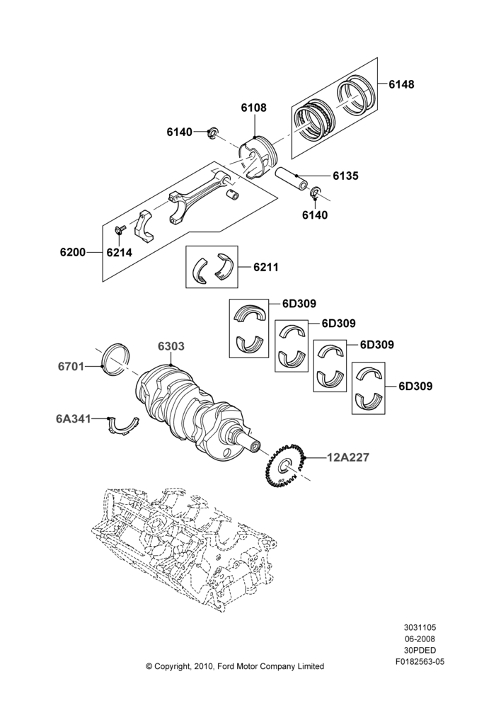 05D - Crankshaft/Pistons and Bearings, 3.0L 4V OHC V6 Duratec 230HP; 23/JUN/2008-29/APR/2012