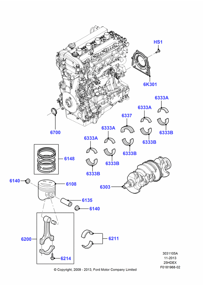 05A - Crankshaft/Pistons and Bearings, 2.5L Duratec HE PFI (170PS); 04/FEB/2009-29/JUL/2012