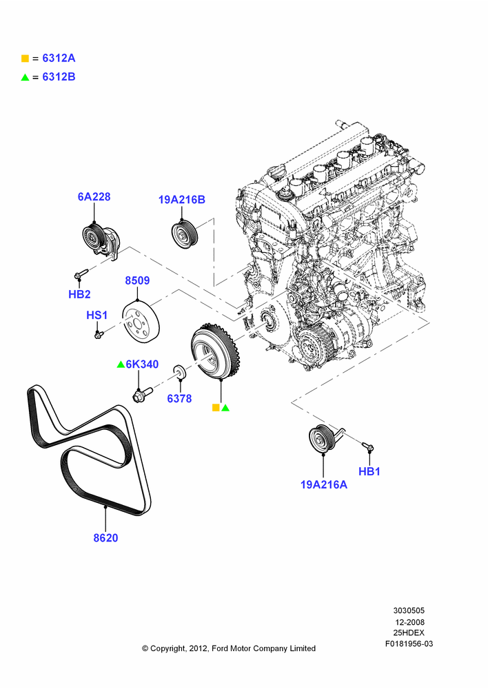 05A - Pulleys and Drive Belts, 2.5L Duratec HE PFI (170PS); 04/FEB/2009-29/JUL/2012