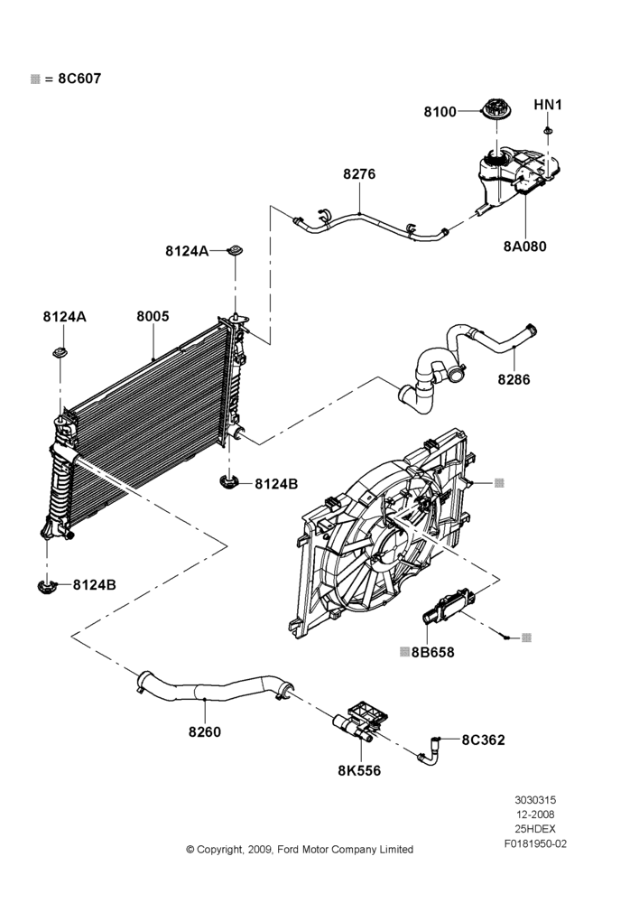 15A - Radiator/Coolant Overflow Container, 2.5L Duratec HE PFI (170PS); 04/FEB/2009-29/JUL/2012