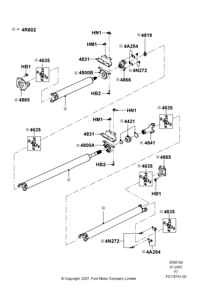 05AK - Drive Shaft - Rear Axle Drive, 2WD, 6.4L Diesel V8 Twin Turbo, Ford 350 Series, 186" Wheelbase, Three Piece Driveshaft; 30/JUL/2007-12/FEB/2010