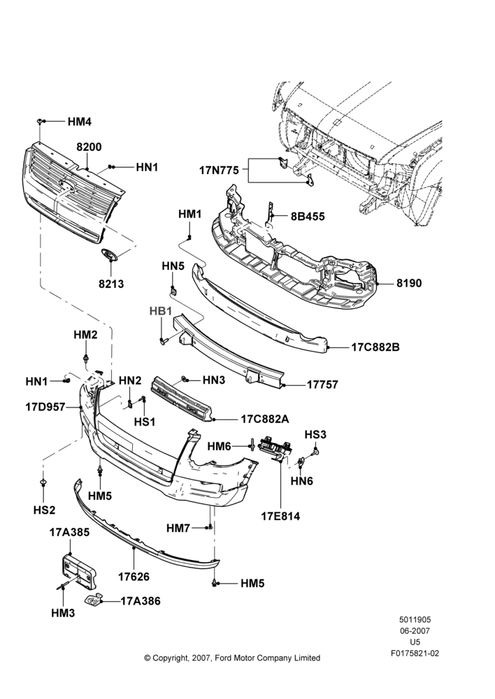 05N - Radiator Grille and Front Bumper, (-)"Japan", Less Version Packages, Limited, XLT; 25/JUN/2007-16/DEC/2010