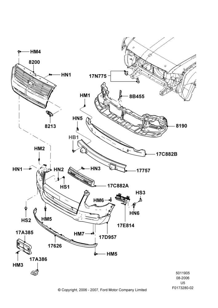 05M - Radiator Grille and Front Bumper, Ford Series, XLT, XLT Appearance Package; 07/AUG/2006-25/JUN/2007