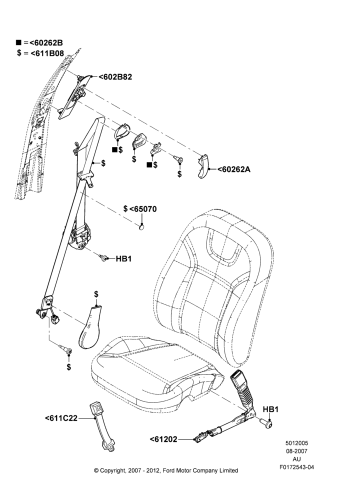 05K - Front Seat Belts, 4 Door Sedan; 27/AUG/2007-07/DEC/2010