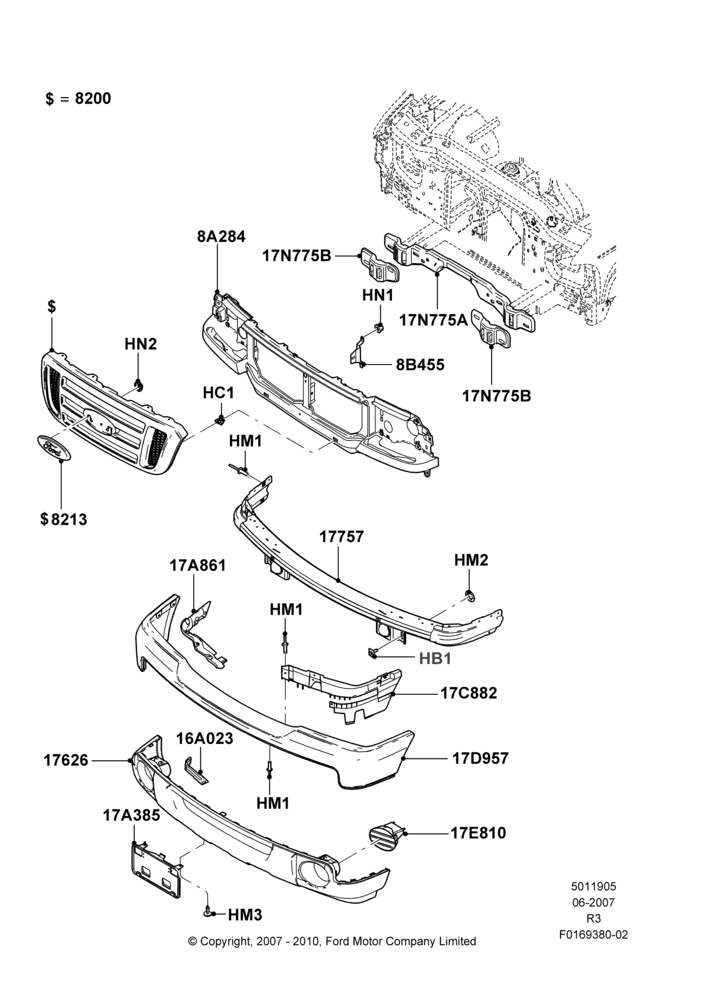 05D - Radiator Grille and Front Bumper, Less STX Package; 04/JUN/2007-16/DEC/2011