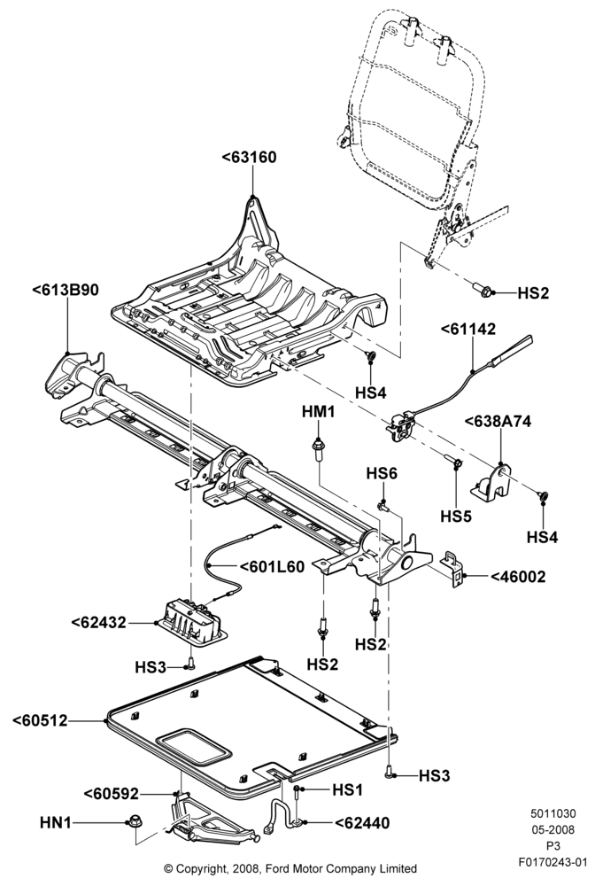 30D - Rear Seat Base, With Third Row Split Bench Seat; 02/MAY/2008-13/JUN/2011