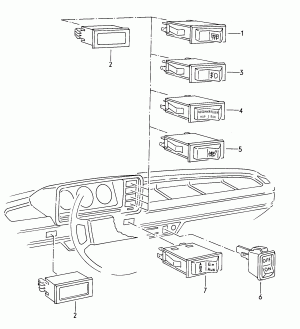 Выкл-тель галогенных противо- тум. фар, противотуман. задних фонарей, устройства регулиров- ки скорости, подогрева заднего стекла и кондиционера