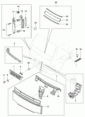 Radiator grille and front panel