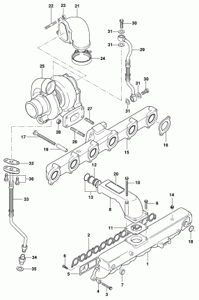 Turbocharger, intake and exhaust manifolds - Diesel engine LA5 MWM