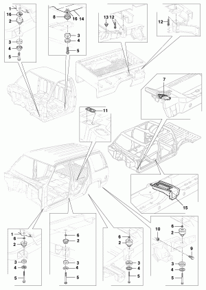 Mounting of cabin, body and bucket